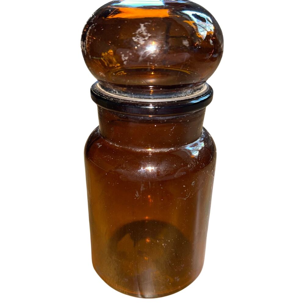 Vintage Brown Glass Apothecary 8.75" Jar Made in Belgium Mushroom Lid Vtg